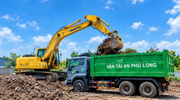 Xe xúc và xe ben An Phú Long tại công trình